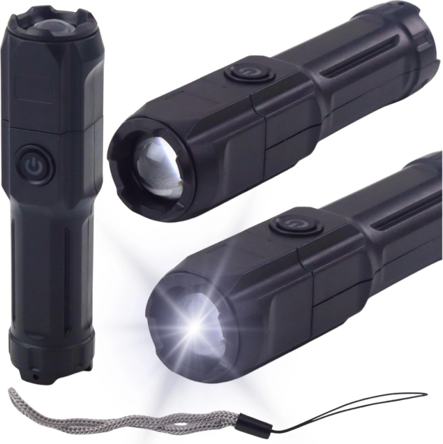 Latarka LED z zoomem, 3 tryby, ładowanie przez USB, czarna