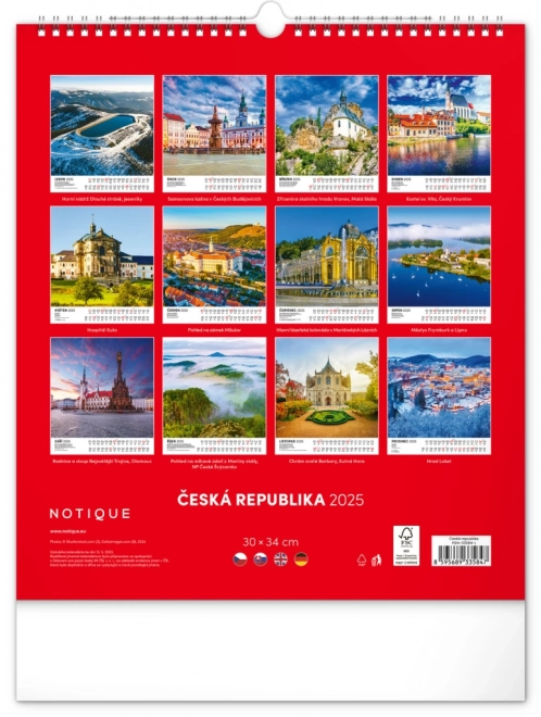 NOTIQUE Kalendarz ścienny Republika Czeska 2025, 30 x 34 cm