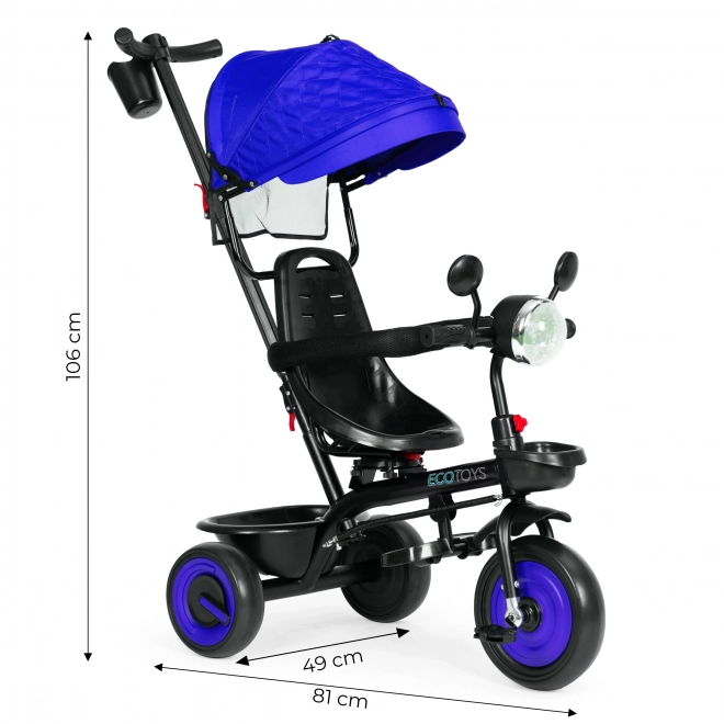 Dziecięcy rowerek trójkołowy 3w1 z obrotowym siedziskiem, daszkiem, niebieski, ECOTOYS
