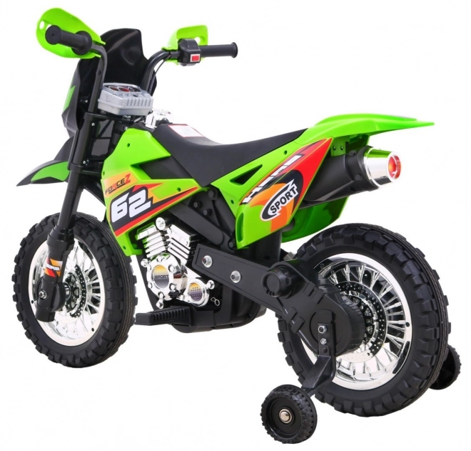 Dziecięcy elektryczny motocykl cross na akumulator – zielony, z kółkami pomocniczymi i światłami LED
