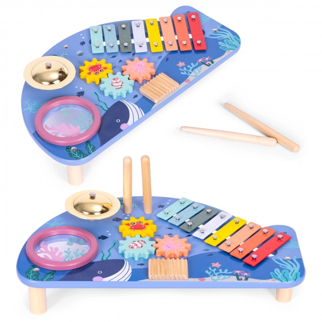 Stoliczek muzyczny z ksylofonem, talerzami, tamburynem i grzechotką świat morski ECOTOYS