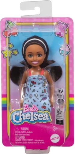 Lalka BARBIE Chelsea – niebieska sukienka z kolorowym nadrukiem