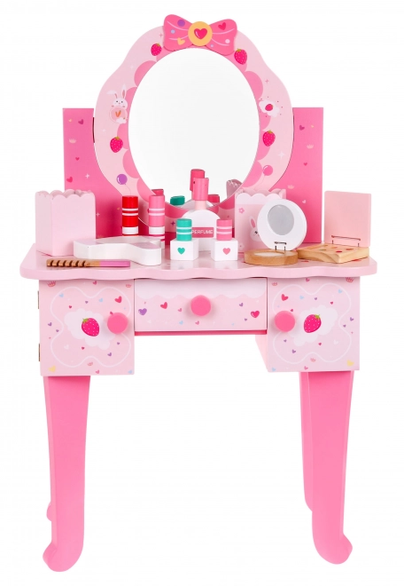 Drewniana toaletka z taboretem dla dziewczynek Domowy salon kosmetyczny Makeup + akcesoria
