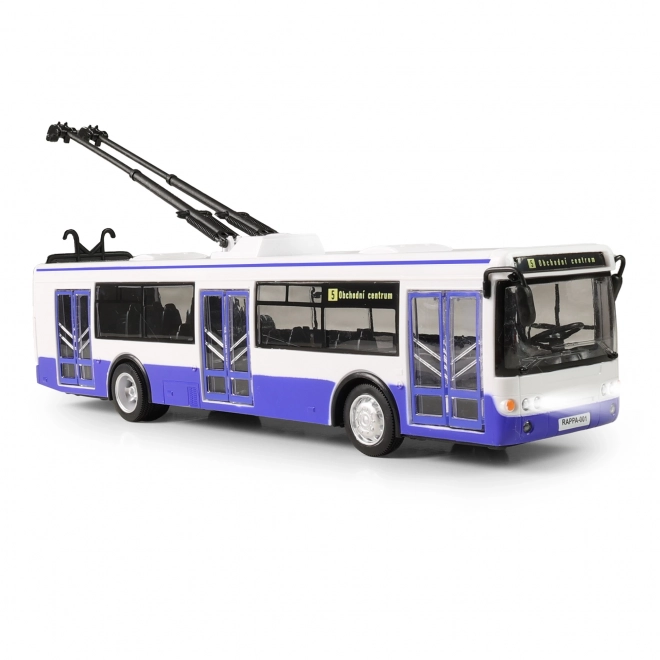 Trolejbus, który ogłasza przystanki po czesku 28 cm niebieski