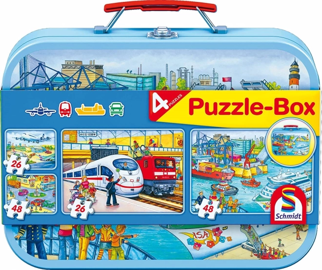 Puzzle transport 4w1 w metalowej walizeczce