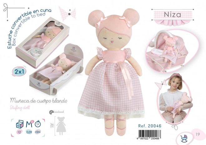 DeCuevas 20046 Pluszowa lalka NIZA - 36 cm z kołyską