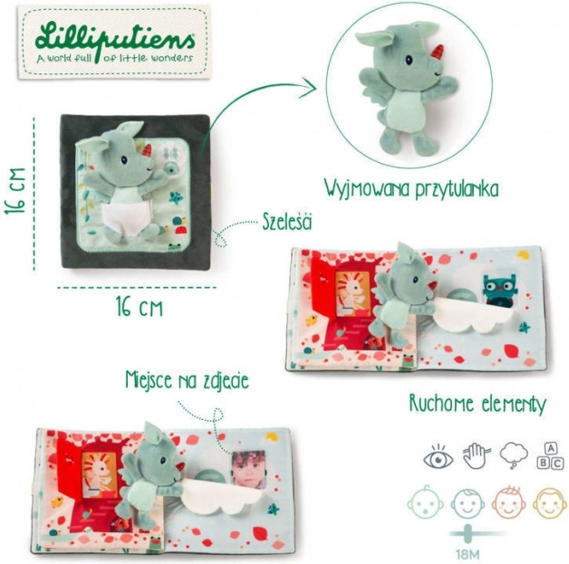 Tekstylna książeczka z mini-przytulanką puk, puk – smoczek JOE od LILLIPUTIENS, 18 m+