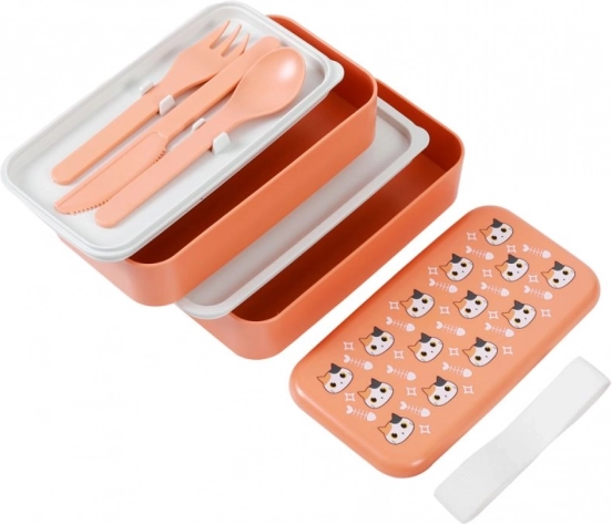 pomarańczowy lunch box z kotkiem z łyżką i widelcem