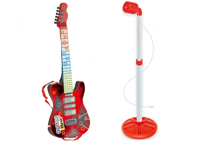Elektryczna gitara ze stojakiem i mikrofonem na baterie, czerwona