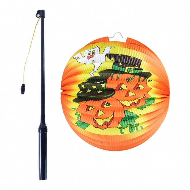 Lampion Halloween wesoła dynia 15 cm ze świecącą laską 40 cm