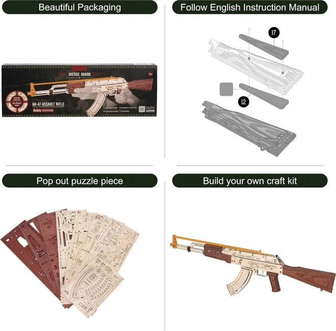RoboTime 3D Drewniane mechaniczne puzzle Karabin szturmowy AK-47