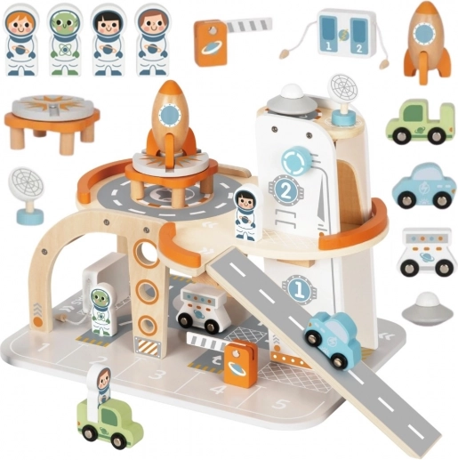 Tooky Toy drewniana stacja kosmiczna z parkingiem i rakietą