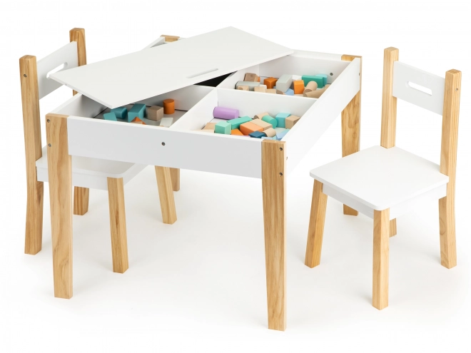 ECOTOYS Drewniany stolik dziecięcy z tablicą i dwoma krzesełkami