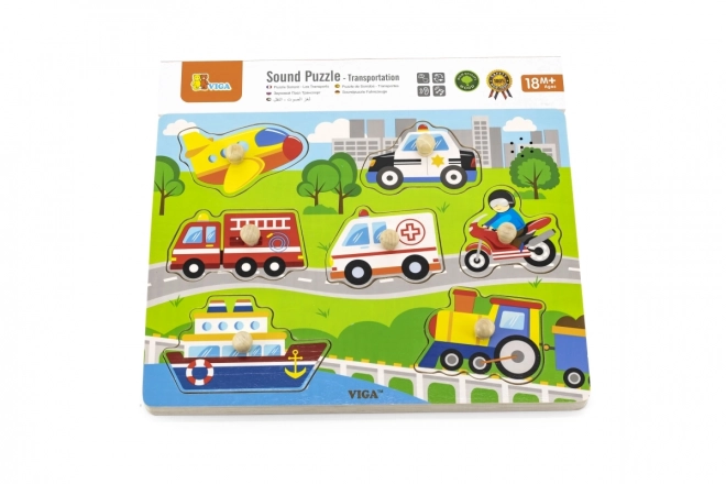 Drewniane puzzle dźwiękowe z motywem środków transportu Viga