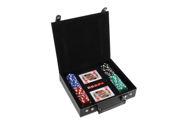 Zestaw pokerowy 100 szt. + karty + kostki w walizce w pudełku 28x25x8cm