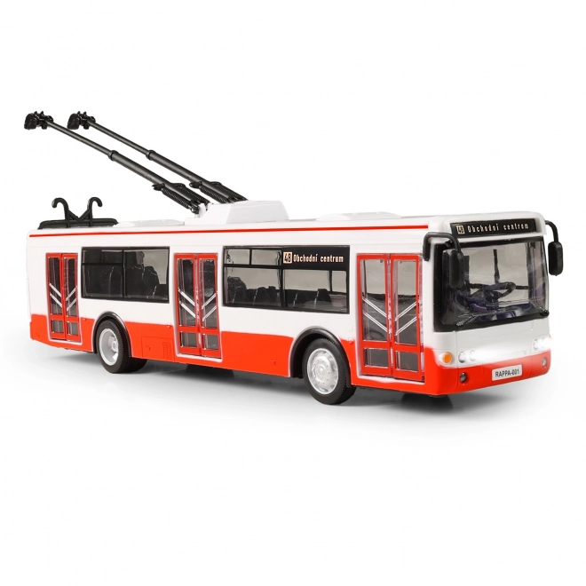 Trolejbus mówiący po czesku plastikowy 29cm czerwony wolny ruch na bat. ze światłami z dźwiękiem w opak. 33x11x10cm