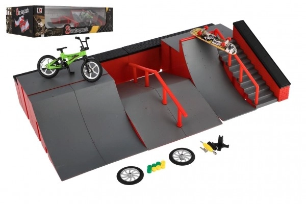 Skatepark - rampy, rowerek na palce, plastikowa deskorolka na palce z akcesoriami, 2 kolory w pudełku 43x25x12cm