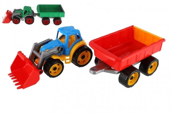 Traktor/ładowarka/koparka z przyczepą z plastikową łyżką na wolnym biegu 2 kolory w siatce 16x61x16cm