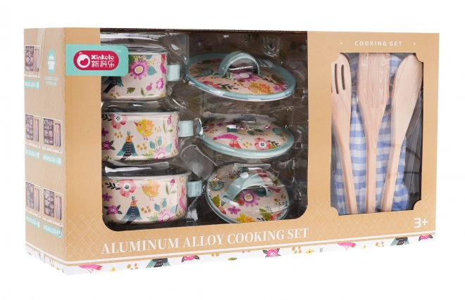 Zestaw aluminiowych garnków dla dzieci z akcesoriami kuchennymi