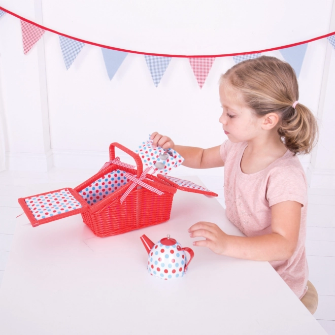 Bigjigs Toys Zestaw herbaciany w kropki w piknikowym koszu