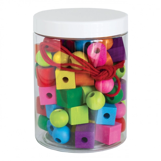 Maxi perły drewniane kolorowe z sznurkiem 92 szt. w plastikowym pojemniku 10x14cm