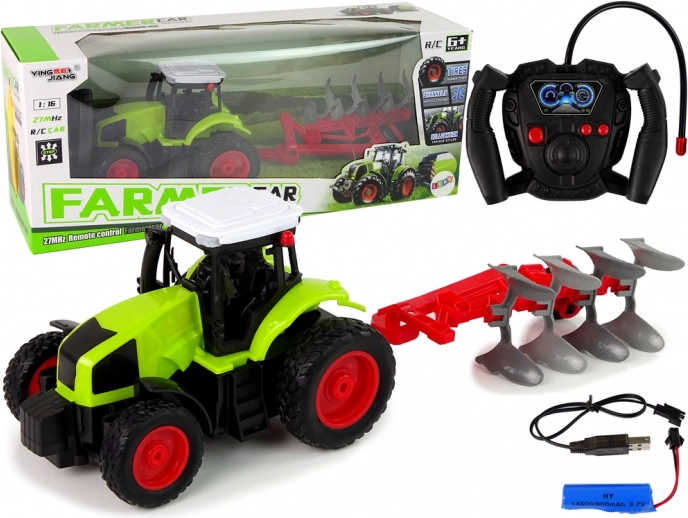 RC traktor 1:16 z gumowymi kołami i odłączanym pługiem
