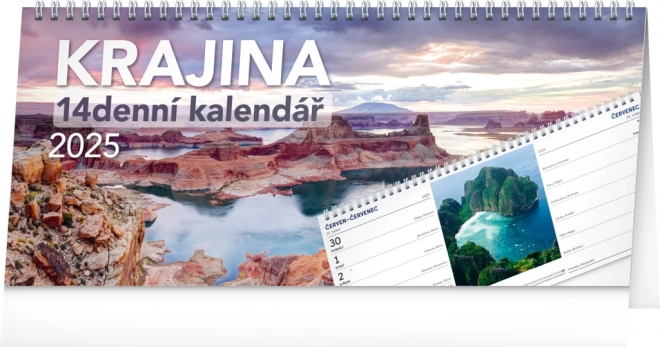 NOTIQUE Kalendarz biurkowy Krajina 2025 – 14-dniowy, 33 x 14,5 cm