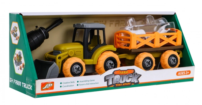 Odkręcany traktor z łyżką i przyczepą + śrubokręt + owce Zabawka dla dzieci 3+