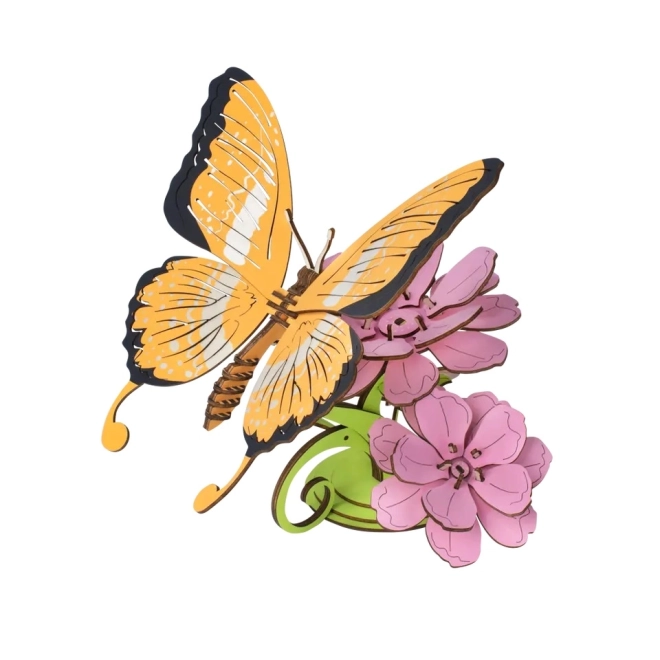 Woodcraft Drewniane 3D puzzle Motyl na kwiatach kolorowy