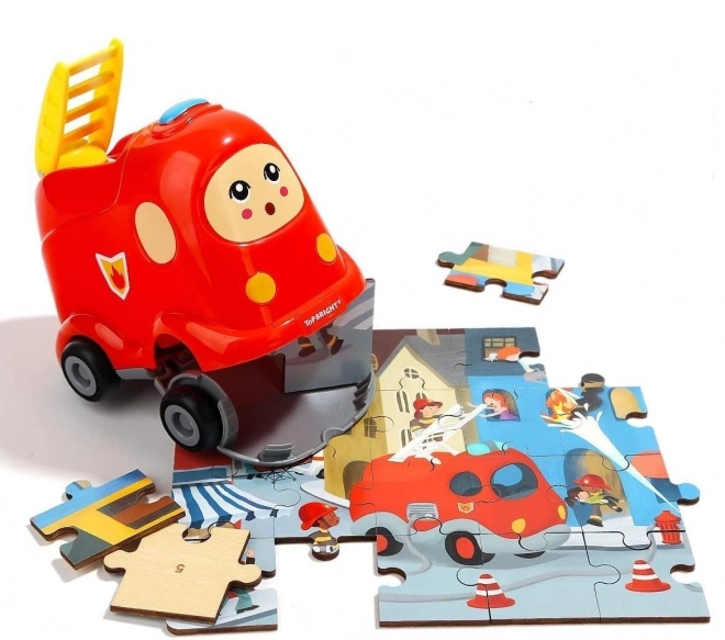 TOP BRIGHT Drewniane puzzle z zabawką: Wóz strażacki 24 elementów