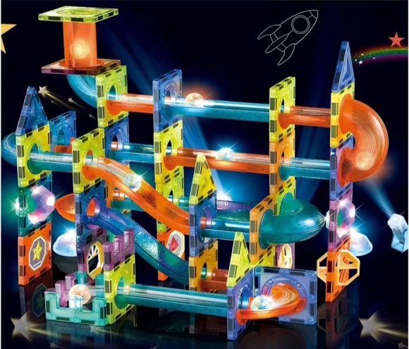 Magnetyczny tor kulkowy plastikowy 110 szt. 16 kulek + dodatki na baterie w pudełku 36x28x9cm