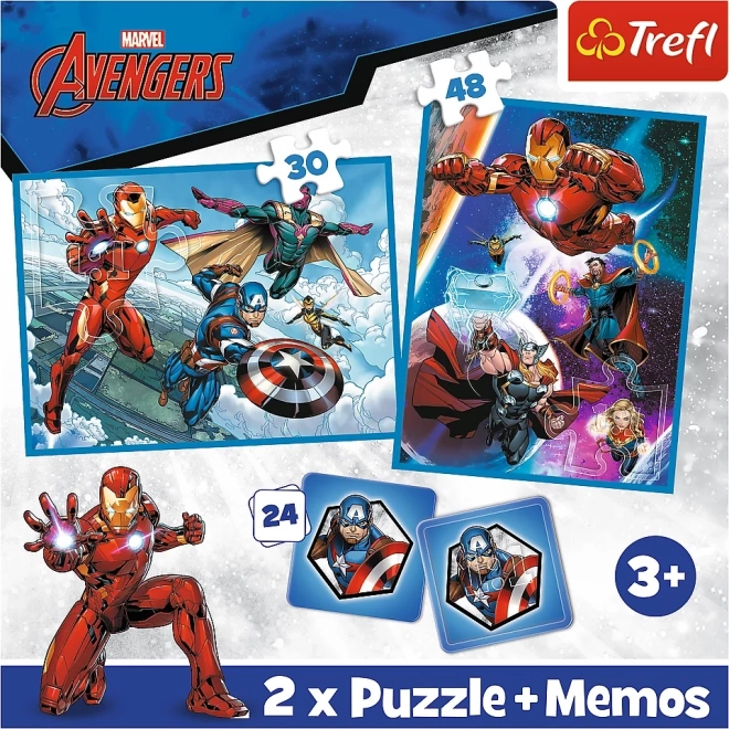 TREFL Zestaw 3w1 Avengers: Bohaterowie w akcji (2x puzzle + memo)