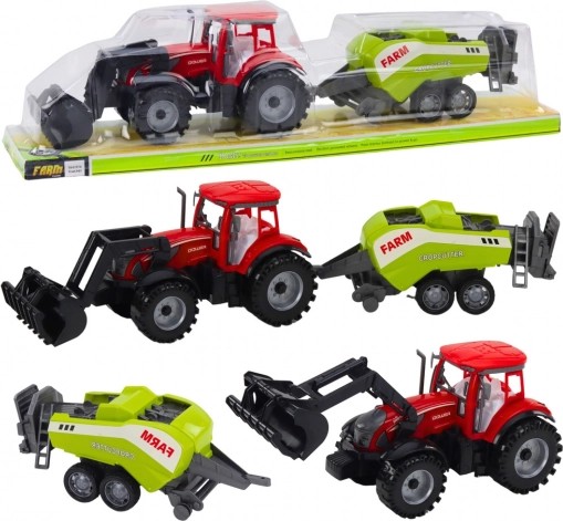 Czerwony traktor z ładowaczem i prasą do siana – plastikowa zabawka farmerska