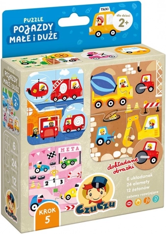 Puzzle pojazdy małe i duże – gra i układanka w jednym