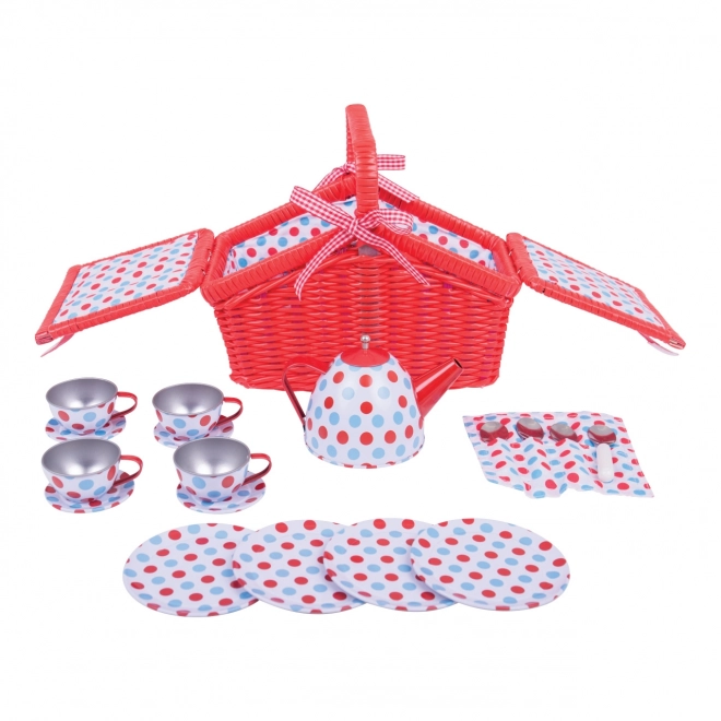 Bigjigs Toys Zestaw herbaciany w kropki w piknikowym koszu