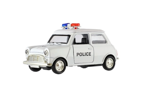 Auto policyjne retro 11cm metal/plastik na napęd wsteczny na baterie ze światłem 4 rodzaje