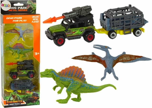 Zestaw dinozaurów z autem terenowym, wyrzutnią rakiet i przyczepą z klatką