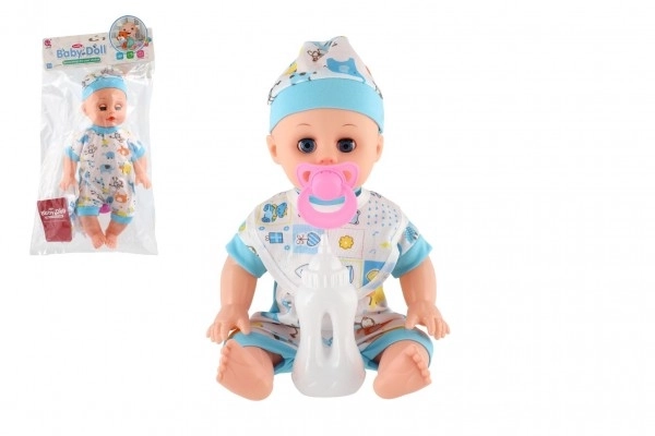 Lalka niemowlę plastykowe 32cm solidne ciało pijąca, sikająca na baterie z dźwiękiem z akcesoriami w worku