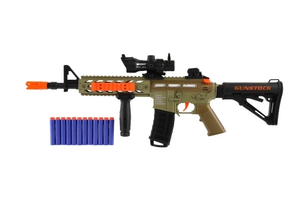 Karabin na piankowe naboje + naboje 12 szt. plastik 60 cm na baterie ze światłem, dźwiękiem w pudełku 65x27x6 cm