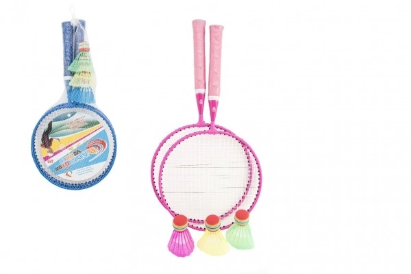 Badminton zestaw dziecięcy metal/plastik 2 rakiety + 3 lotki 2 kolory w siatce 23x45x6 cm