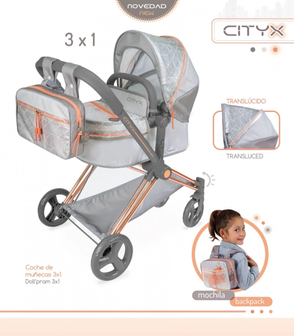 DeCuevas 81777 Składany wózek dla lalek 3 w 1 z plecakiem CITY X 2024 - 73 cm