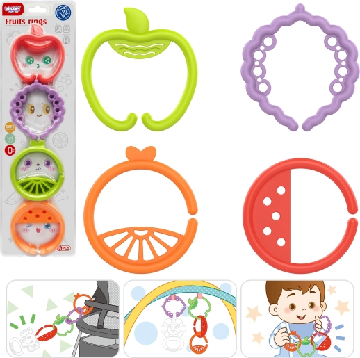 woopie baby sensoryczny gryzak i zawieszane kółka owoce, zestaw 4 szt.