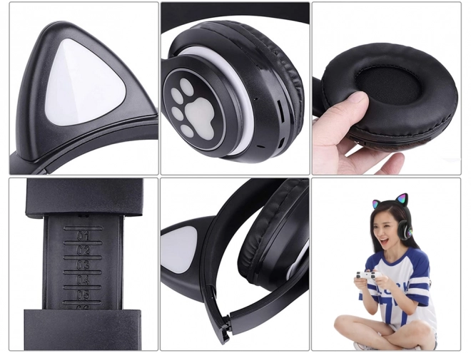 Bezprzewodowe słuchawki bluetooth radio fm mp3 kocie uszy led oświetlenie – czarne