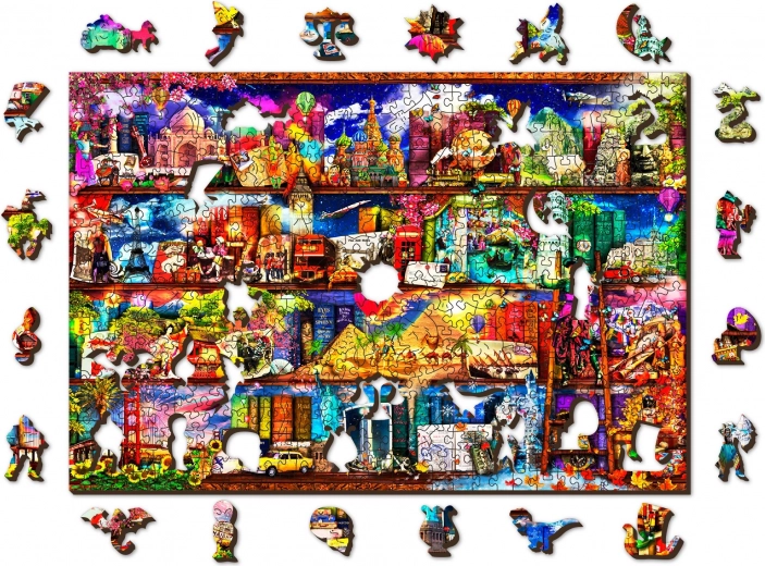 Drewniane dwustronne puzzle WOODEN CITY – półka na książki o podróżach, 505 elementów
