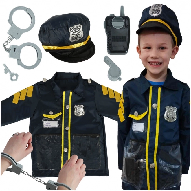 Dziecięcy karnawałowy kostium policjanta z zestawem akcesoriów, kajdanki i kapelusz, dla wieku 3-8 lat