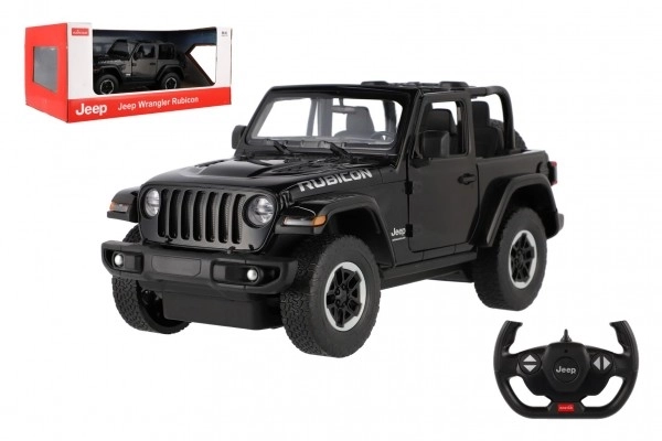 Auto RC Jeep Wrangler Rubicon czarny plastik 29cm 2,4GHz na dalsze sterowanie na baterie w pudełku 44x19x26cm