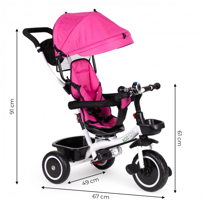 ECOTOYS Trójkołowy rowerek ze zadaszeniem i drążkiem do prowadzenia - różowy