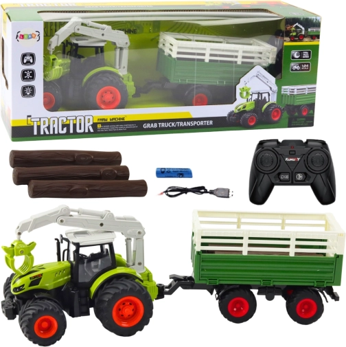 Zabawny zdalnie sterowany traktor z przyczepą i chwytakiem dla dzieci