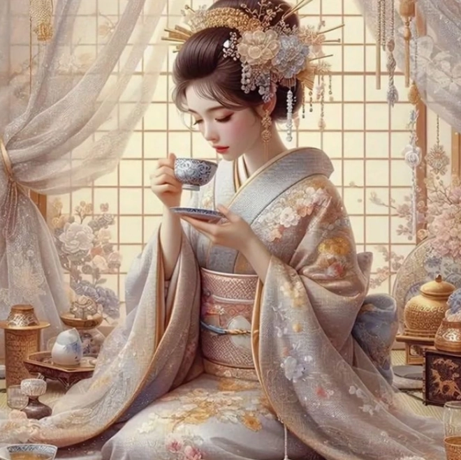 Malowanie diamentowe Japonka z filiżanką herbaty 30 × 40 cm