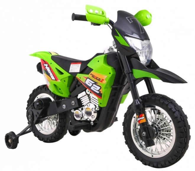 Dziecięcy elektryczny motocykl cross na akumulator – zielony, z kółkami pomocniczymi i światłami LED
